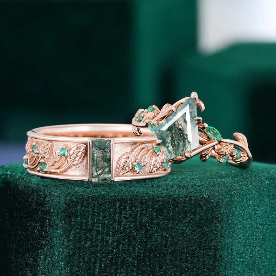 Baguette & Kite Cut Moss Agate Leaf Couple's Rings Emerald Accented Matching Rings