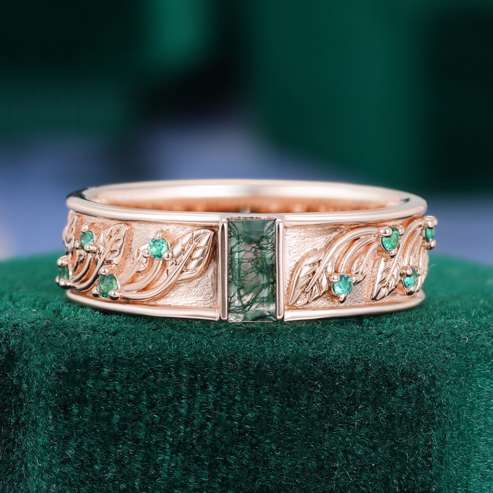 Baguette Cut & Marquise Cut Moss Agate Couple's Ring Set With Emerald Accents (10)