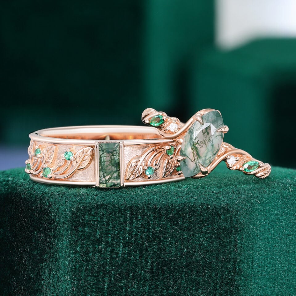 Baguette & Marquise Cut Moss Agate Leaf Couple's Rings Nature Inspired Matching Rings