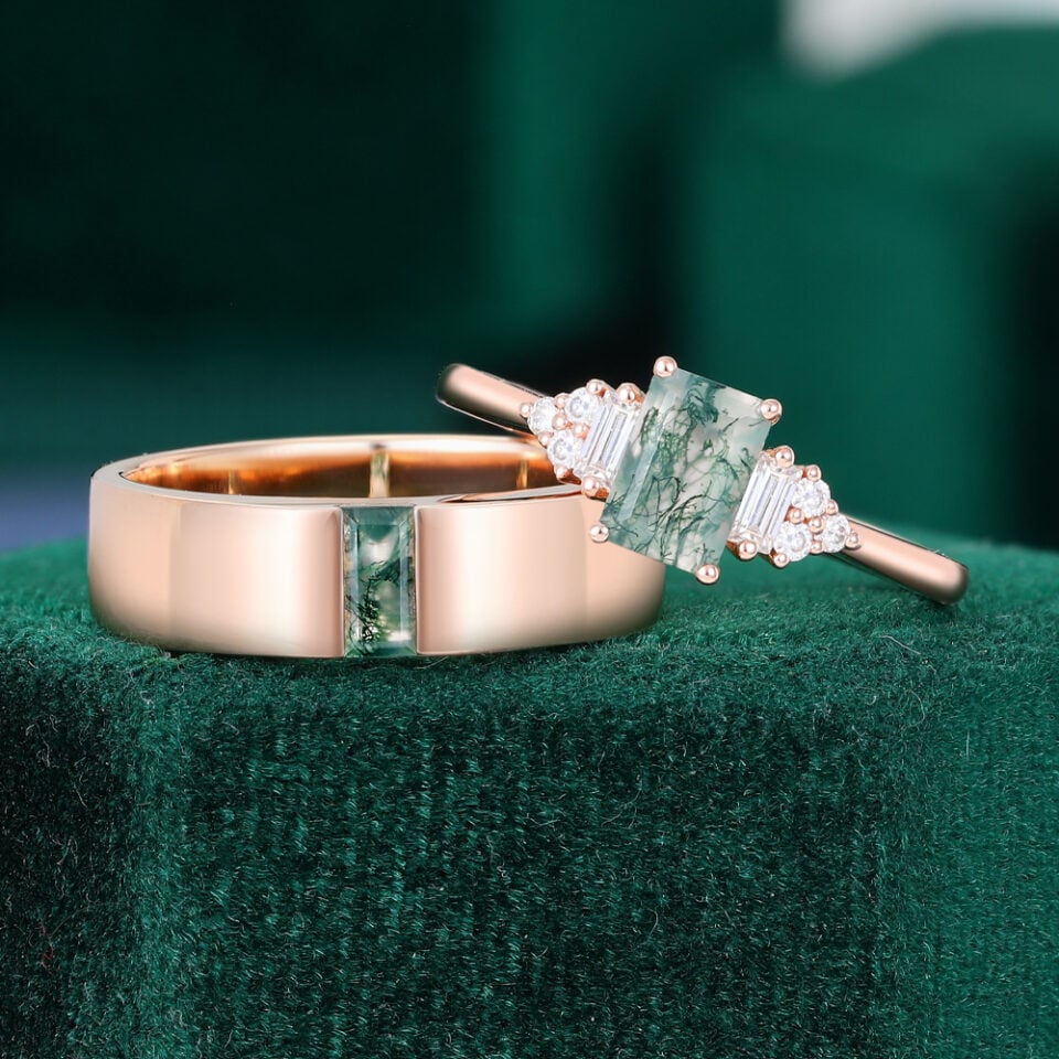 Baguette & Emerald Cut Moss Agate Couple's Rings Unique Matching Rings