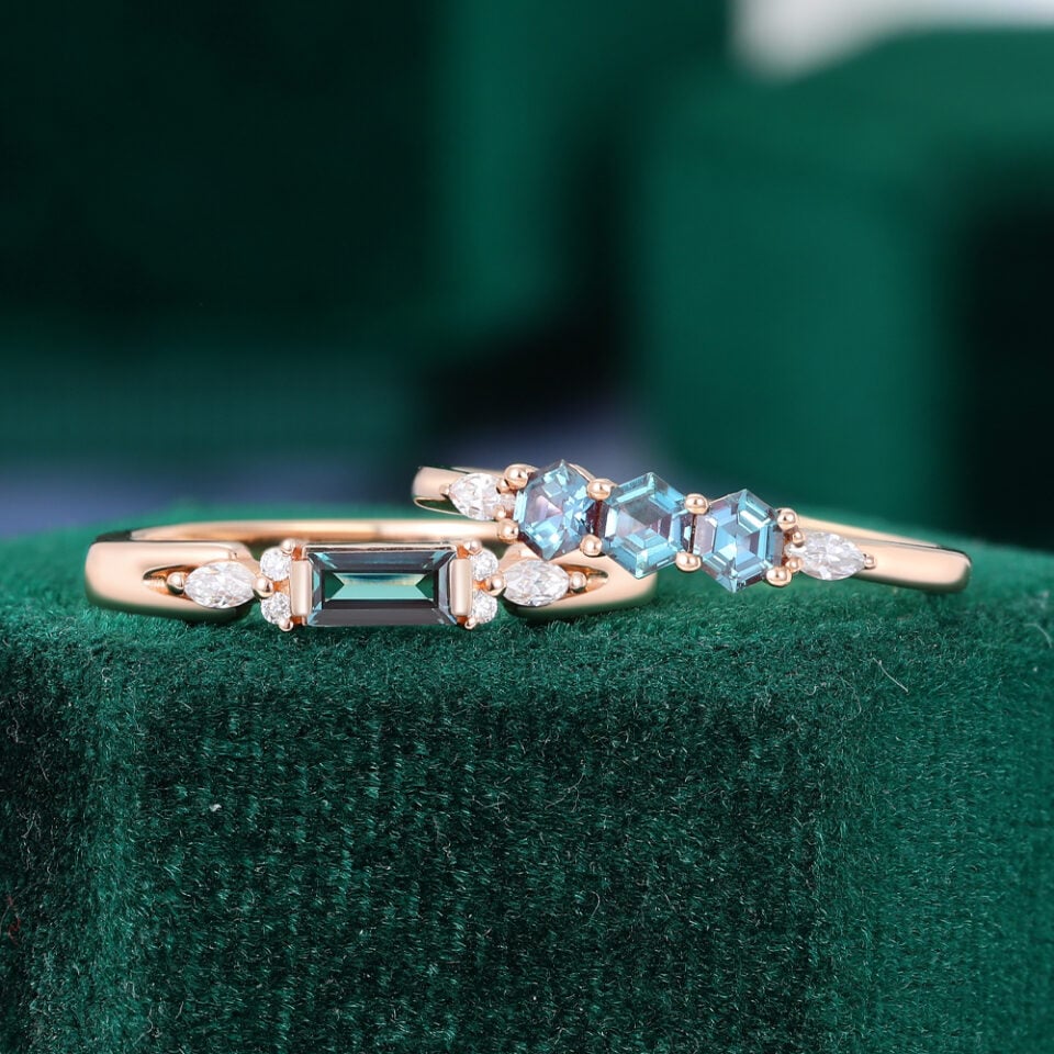 Baguette & Hexagon Cut Alexandrite Couple's Rings for Women Minimalist Matching Rings