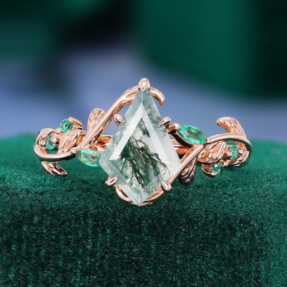 Baguette & kite cut moss agate leaf couple's ring set