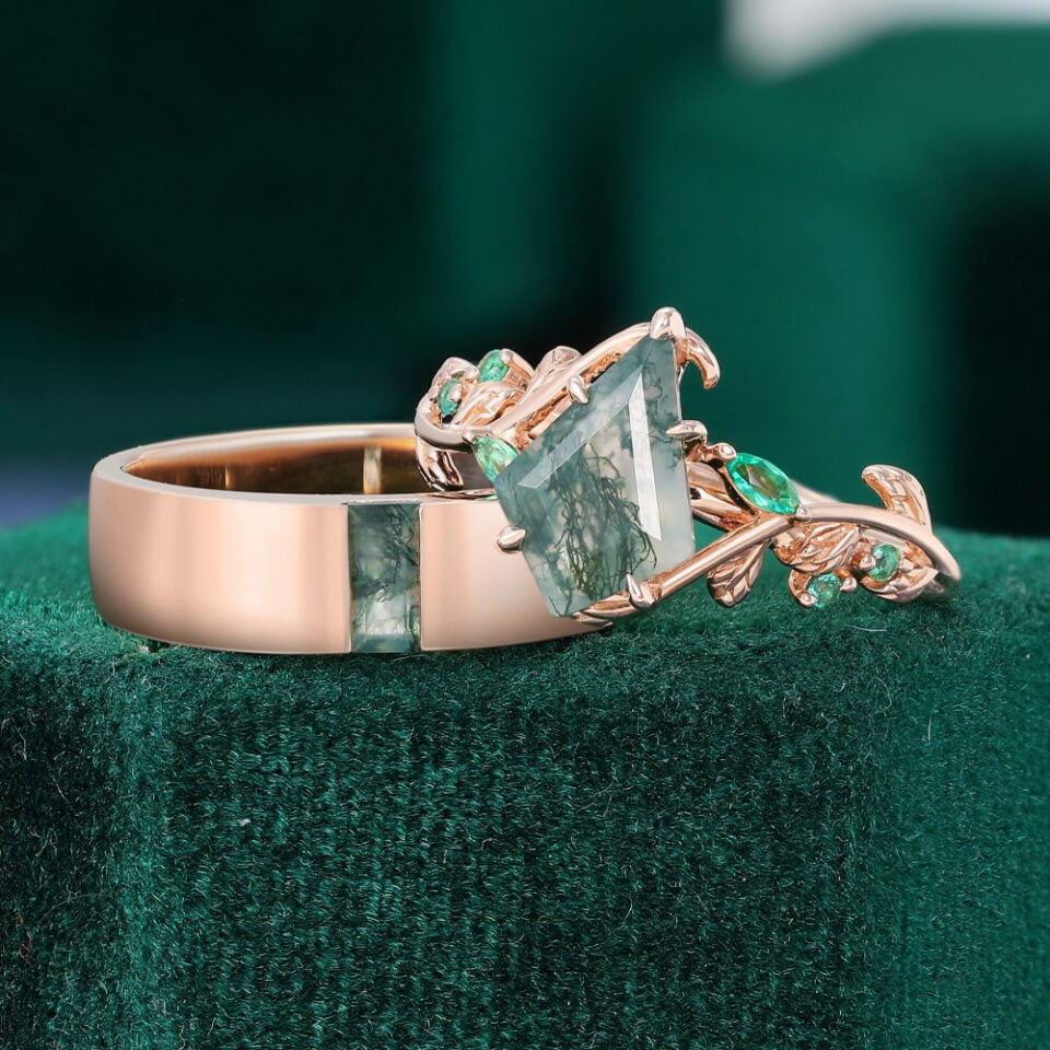 Baguette & Kite Cut Moss Agate Leaf Couple's Rings Nature Themed Matching Rings