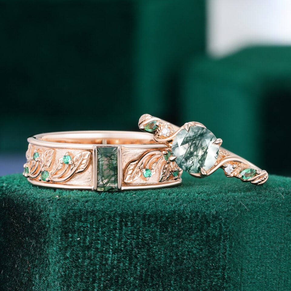 Baguette & Round Cut Moss Agate Leaf Couple's Rings Nature Inspired Matching Rings