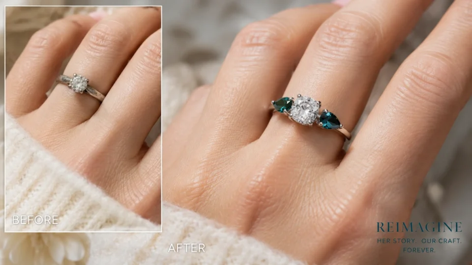 Before and after comparison of an upgraded custom anniversary ring setting with side sapphires
