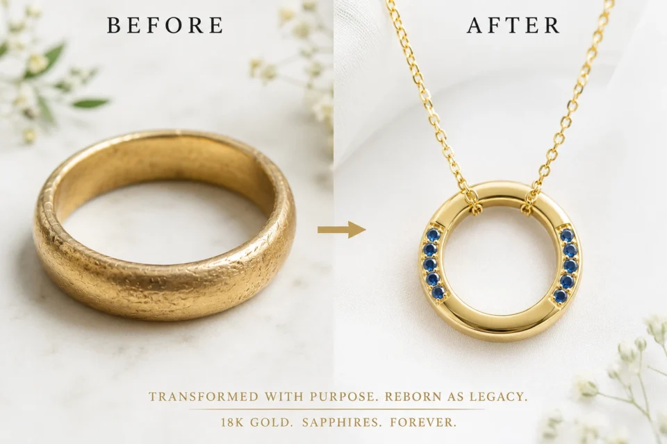 Before and after comparison of an upgraded custom anniversary sapphire pendant setting redesigned from an old ring