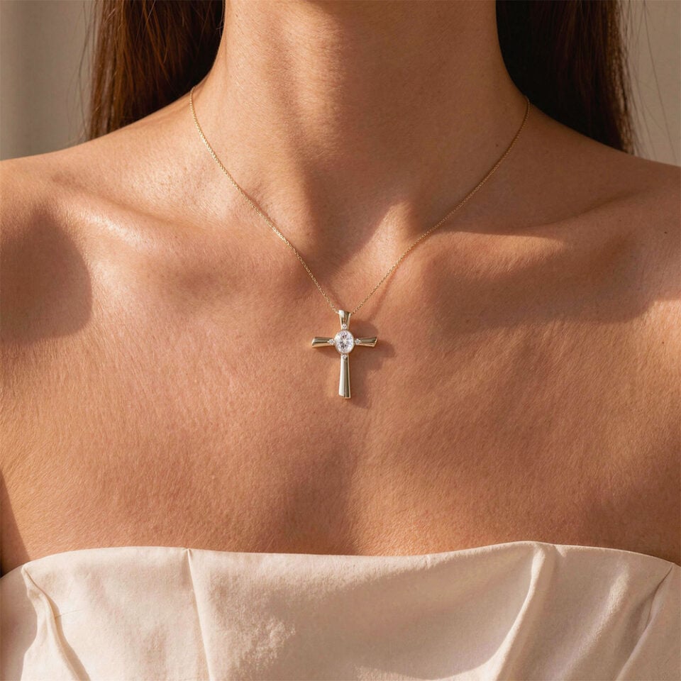 Bezel Set Oval Cut Moissanite Cross Pendant Necklace with Diamond Accents (1)