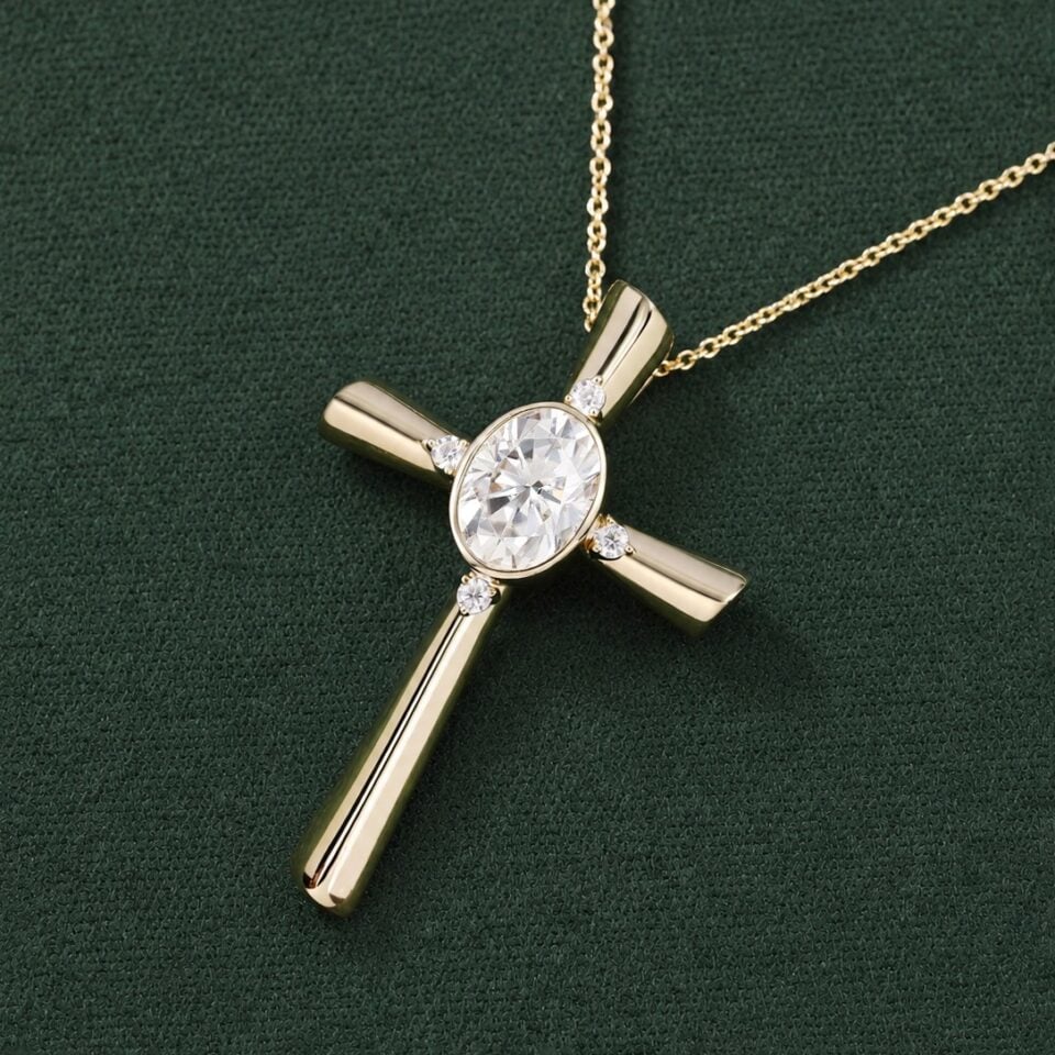 Bezel Set Oval Cut Moissanite Cross Pendant Necklace with Diamond Accents (15)