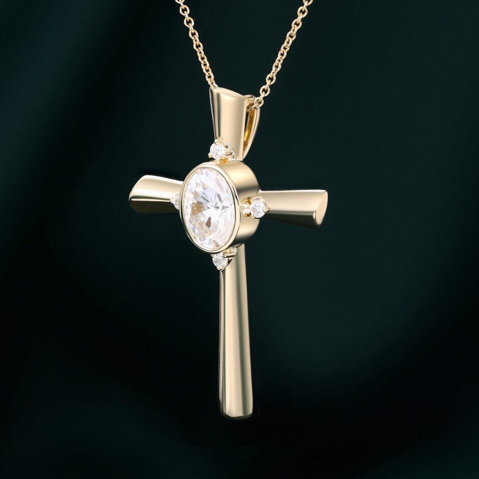 Bezel Set Oval Cut Moissanite Cross Pendant Necklace with Diamond Accents (16)