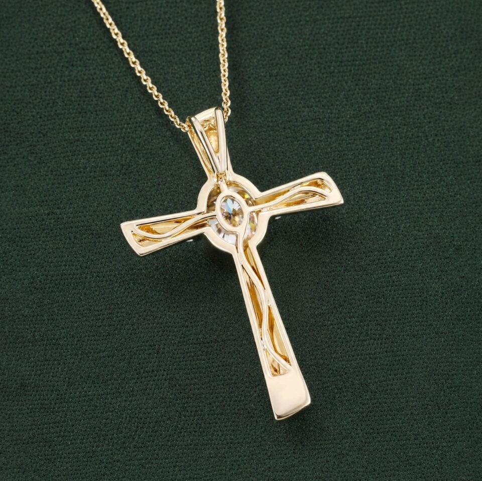 Bezel Set Oval Cut Moissanite Cross Pendant Necklace with Diamond Accents (19)