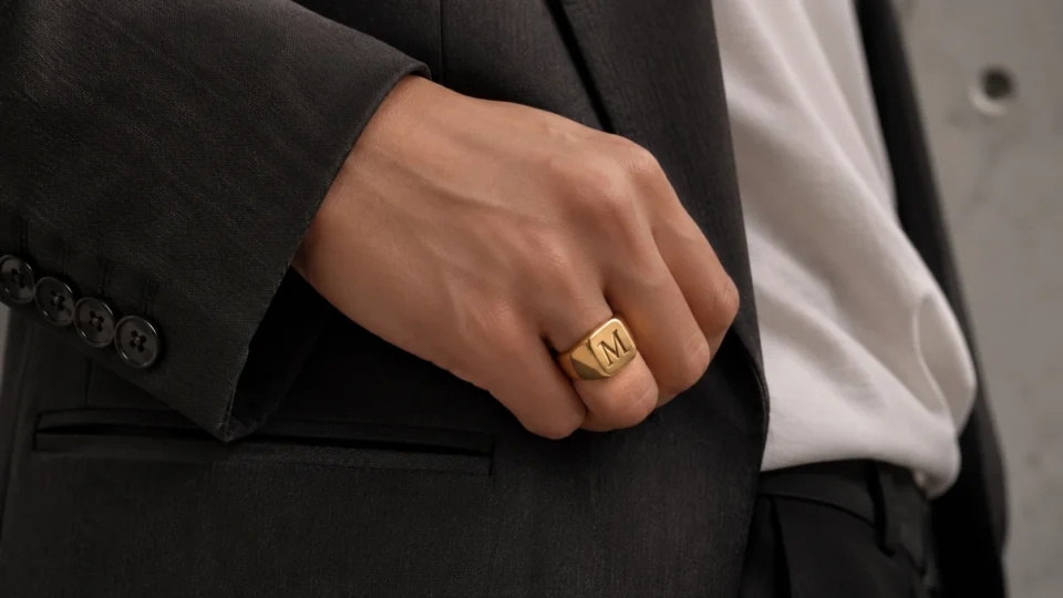 Chic gold signet name ring with bold engraved initial worn on the index finger