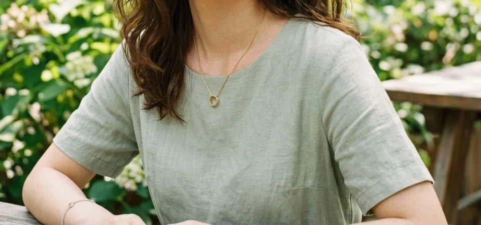 Close-up of a woman in a sage green shirt wearing a gold necklace with a tiny ring pendant