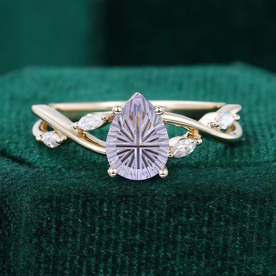 Fantasy Cut Pear Shaped Lavender Haze YAG Crossover Shank Engagement Ring
