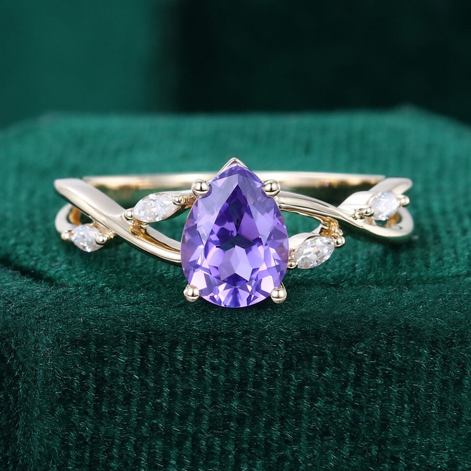 Pear Cut Purple Sapphire Engagement Ring with Marquise Accented Split Shank