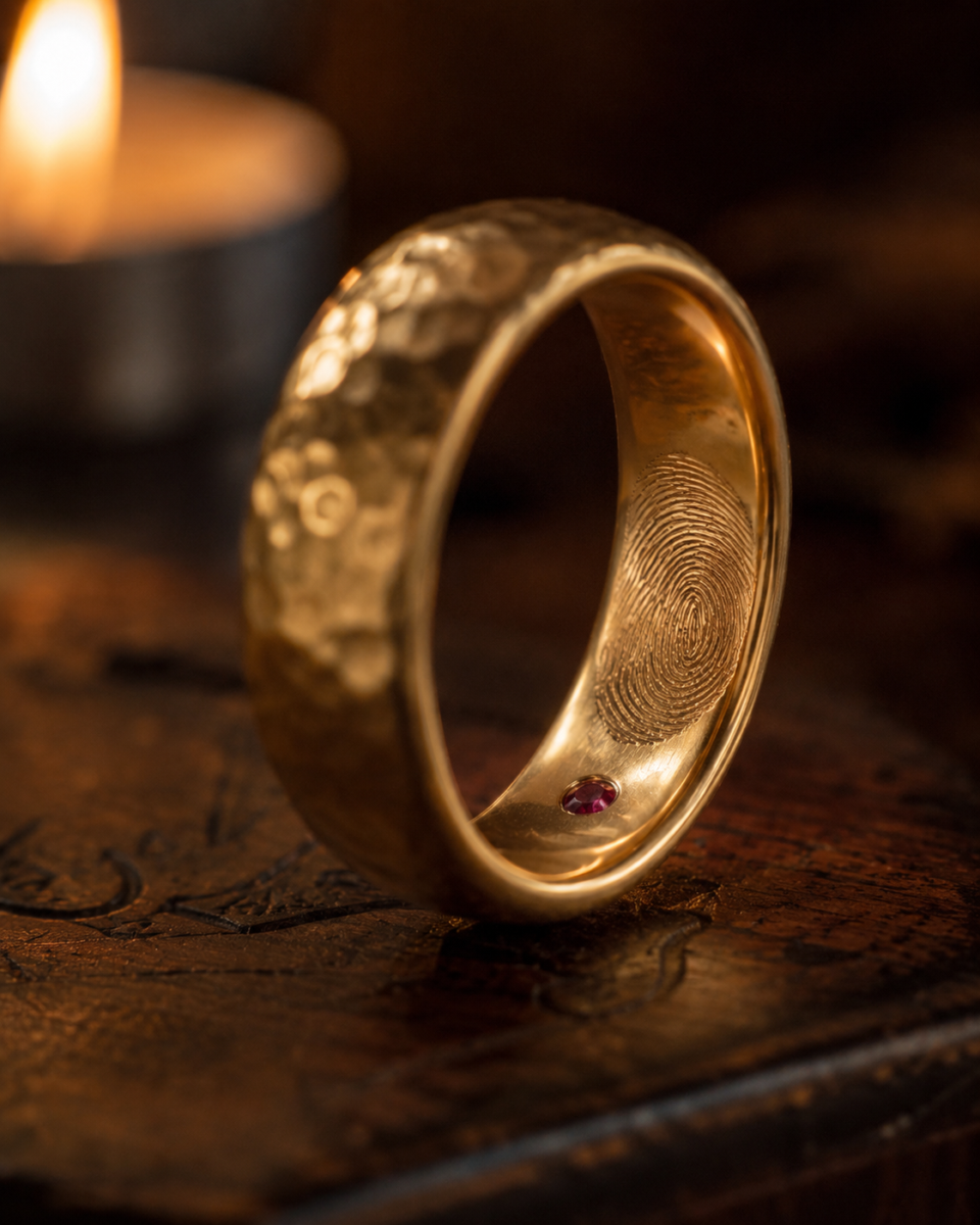 Custom hammered gold ring with internal fingerprint engraving and a small hidden ruby