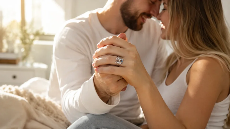 Custom interlocking double name ring with birthstone given as a romantic anniversary gift