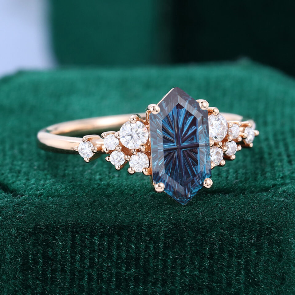 Elongated Hexagon Fantasy Cut Lab Alexandrite Engagement Ring Cluster Promise Ring (2)