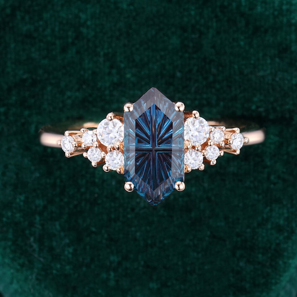 Elongated Hexagon Fantasy Cut Lab Alexandrite Engagement Ring Cluster Promise Ring (4)