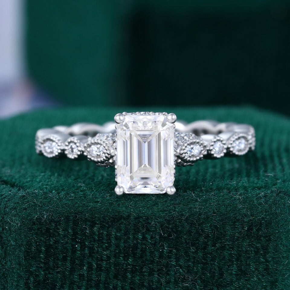 Emerald Cut Moissanite Hidden Halo Engagement Ring With Full Eternity Milgrain Band