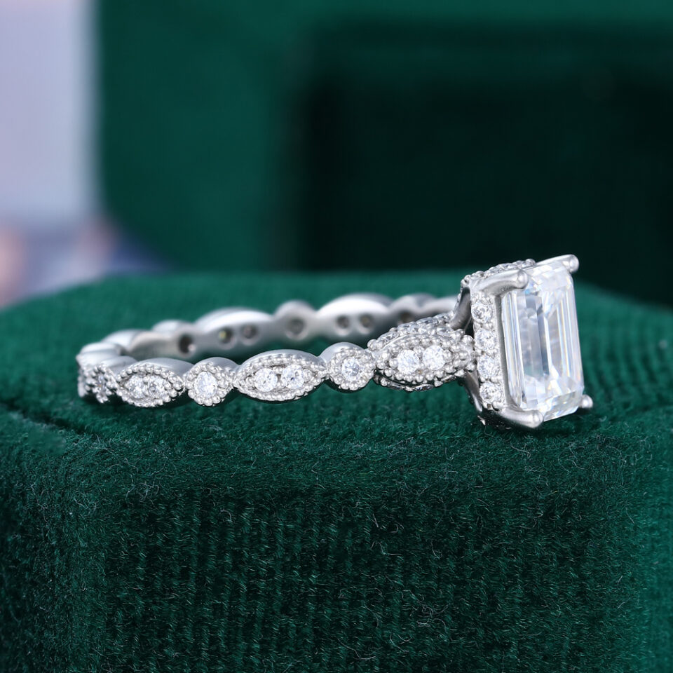 Emerald cut moissanite hidden halo engagement ring with full eternity milgrain band