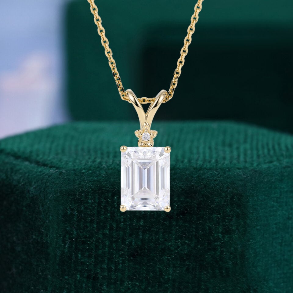 Emerald Cut Moissanite Pendant Necklace With Floral Diamond Accents