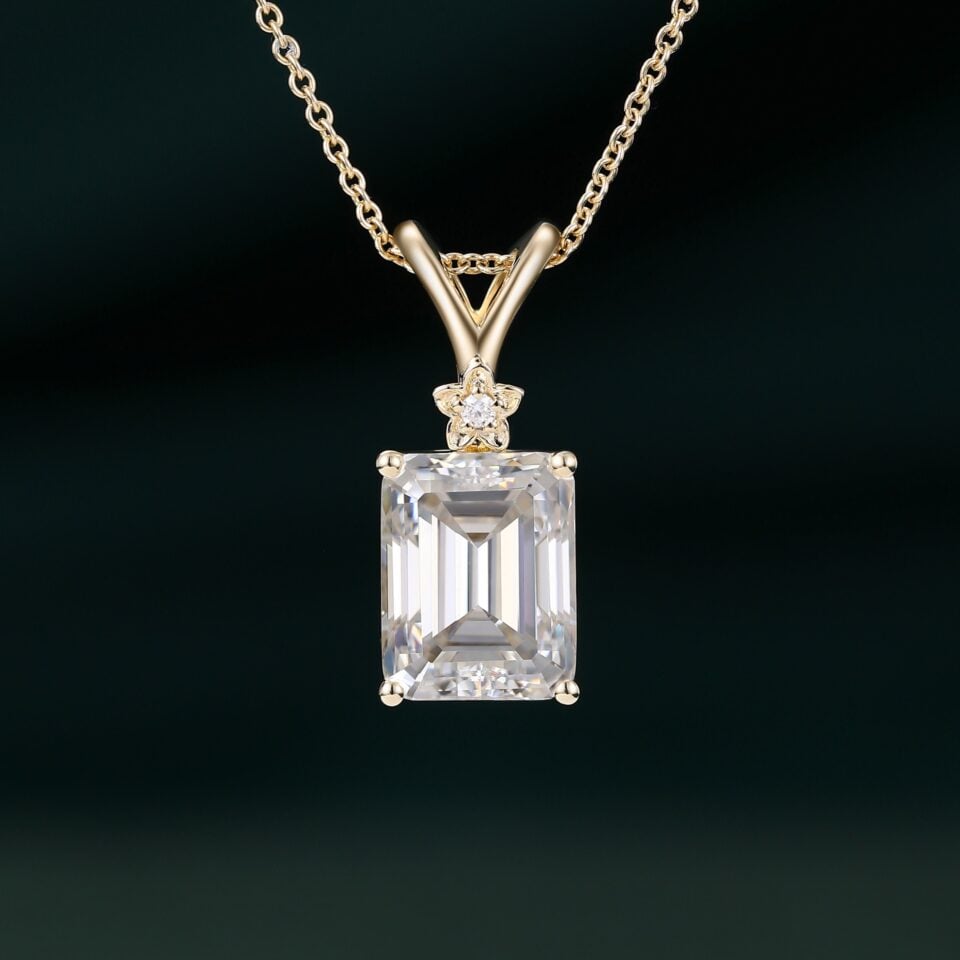 Emerald Cut Moissanite Pendant Necklace With Floral Diamond Accents