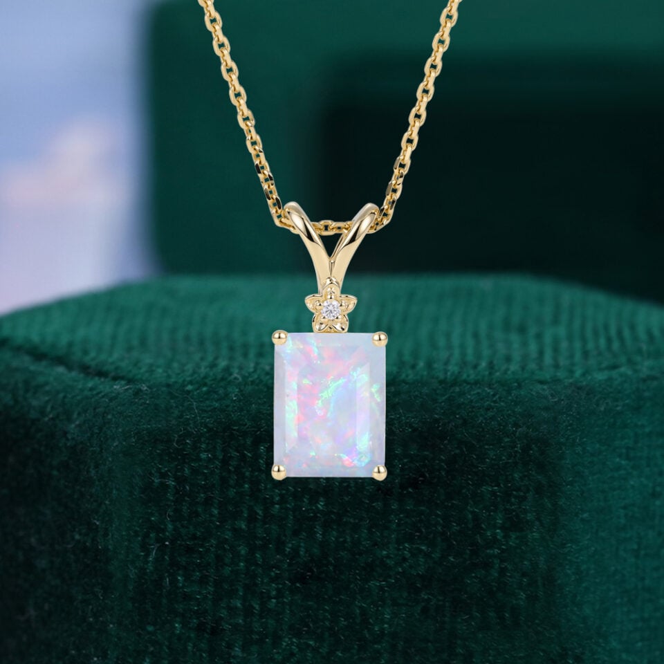 Emerald Cut Natural Opal Pendant Necklace With Floral Diamond Accents