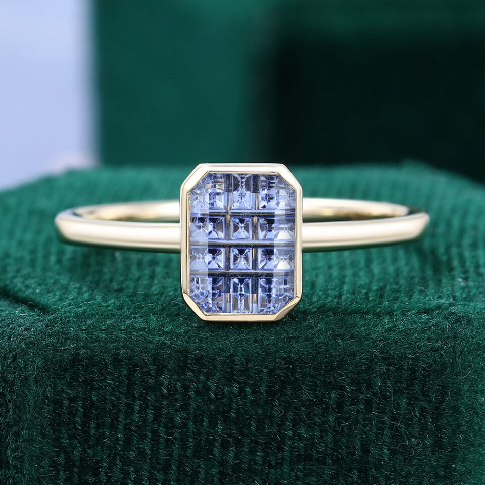 Fantasy Cut Emerald Shaped Lab Cornflower Sapphire Bezel Solitaire Engagement Ring