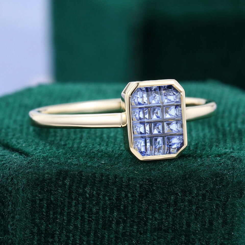 Emerald Fantasy Cut Lab Cornflower Sapphire Bezel Solitaire Engagement Ring (4)