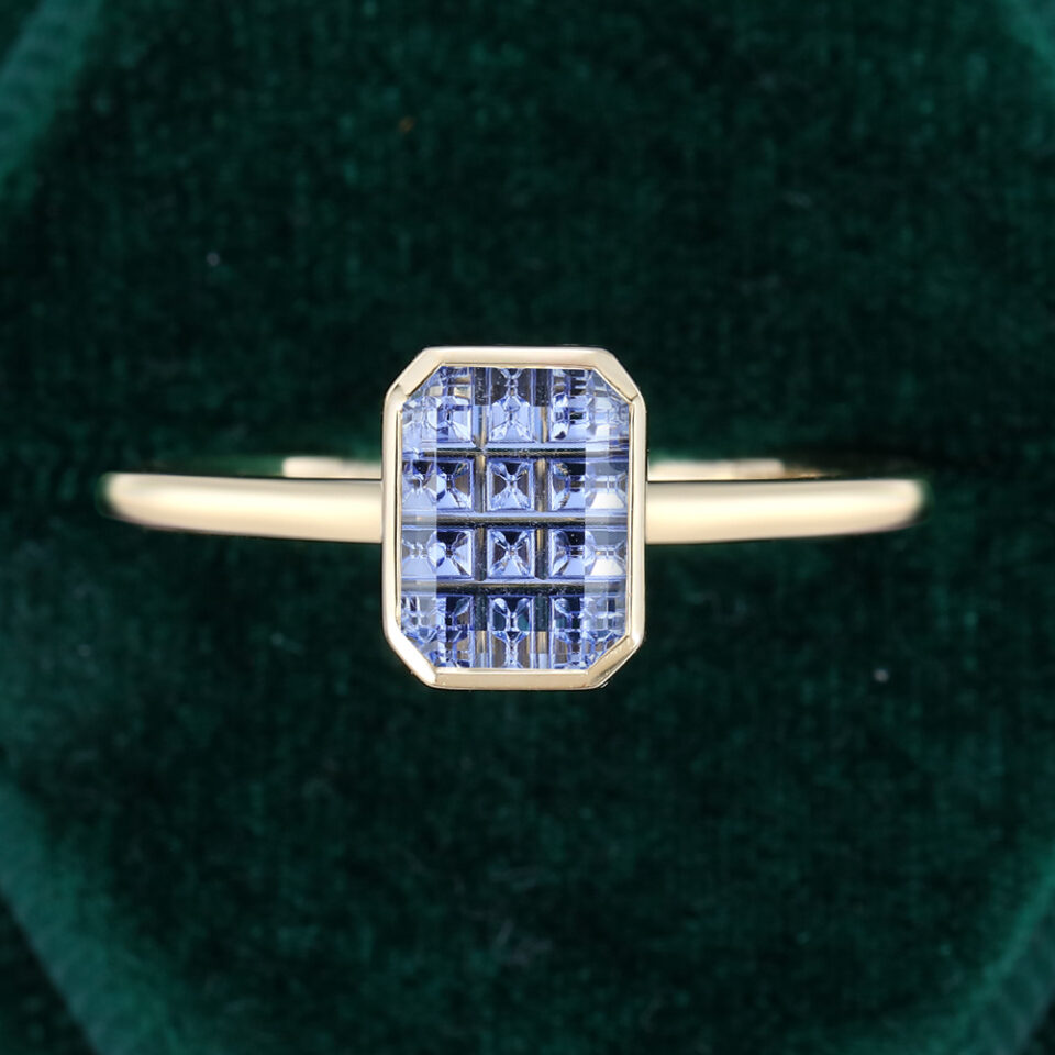 Emerald Fantasy Cut Lab Cornflower Sapphire Bezel Solitaire Engagement Ring (5)