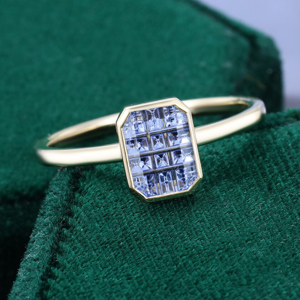 Emerald Fantasy Cut Lab Cornflower Sapphire Bezel Solitaire Engagement Ring (6)