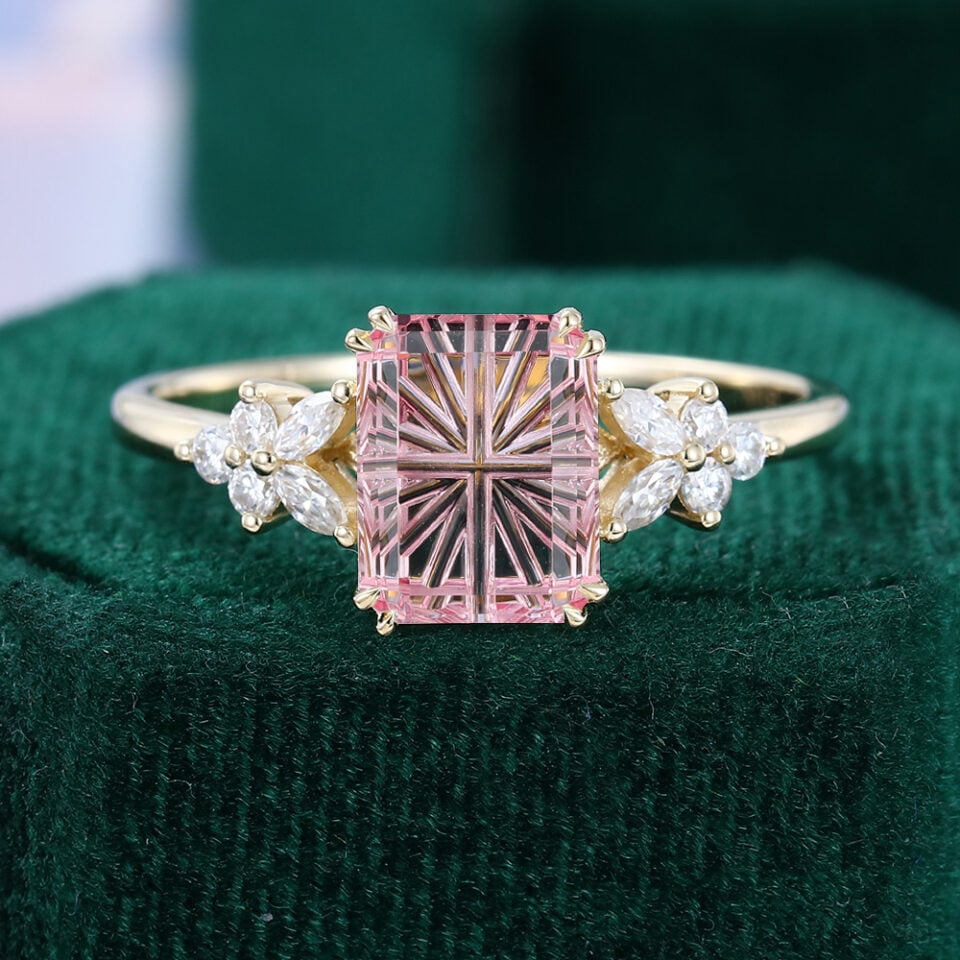 Fantasy Cut Emerald Shaped Lab Pink Sapphire Floral Design Engagement Ring