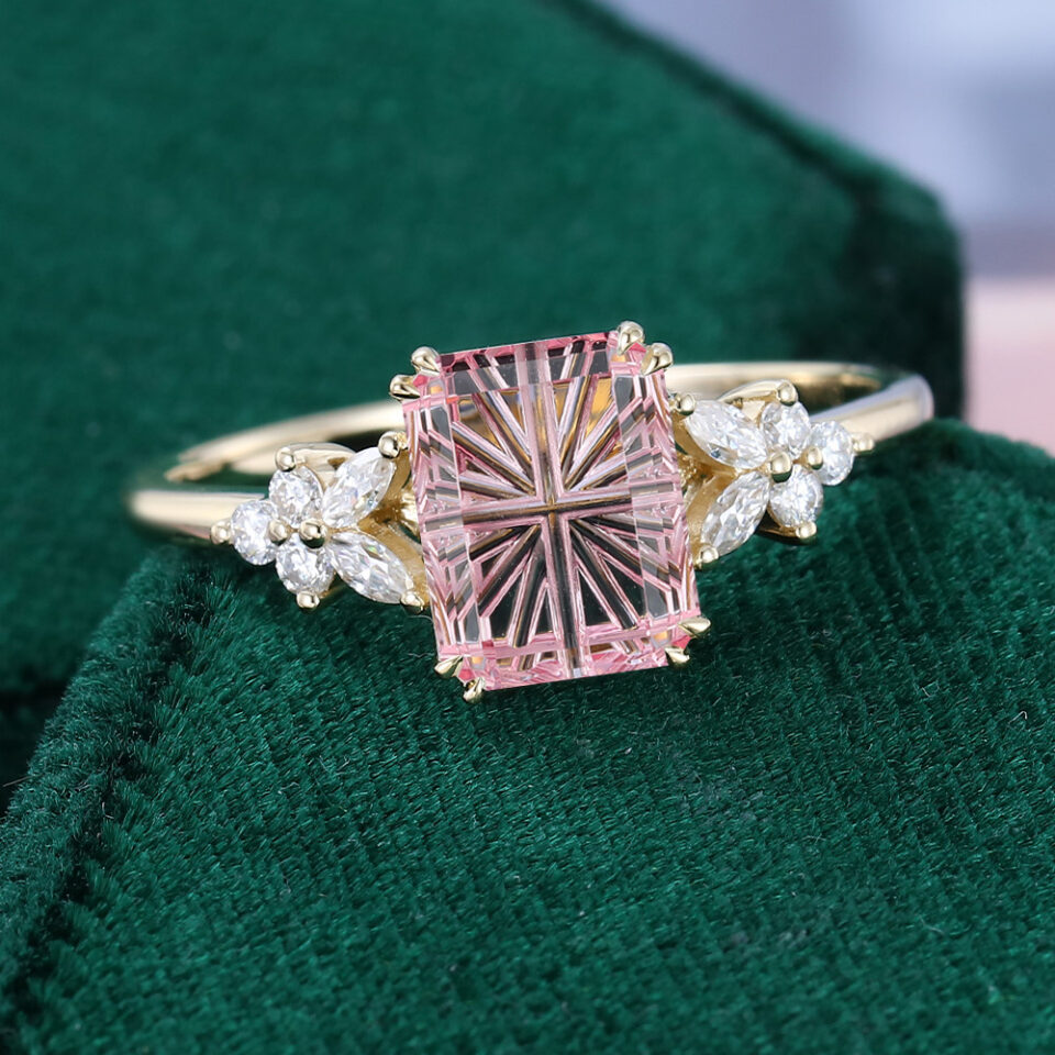 Emerald Fantasy Cut Lab Pink Sapphire Engagement Ring Floral Design (2)