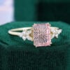Emerald Fantasy Cut Lab Pink Sapphire Engagement Ring Floral Design (3)