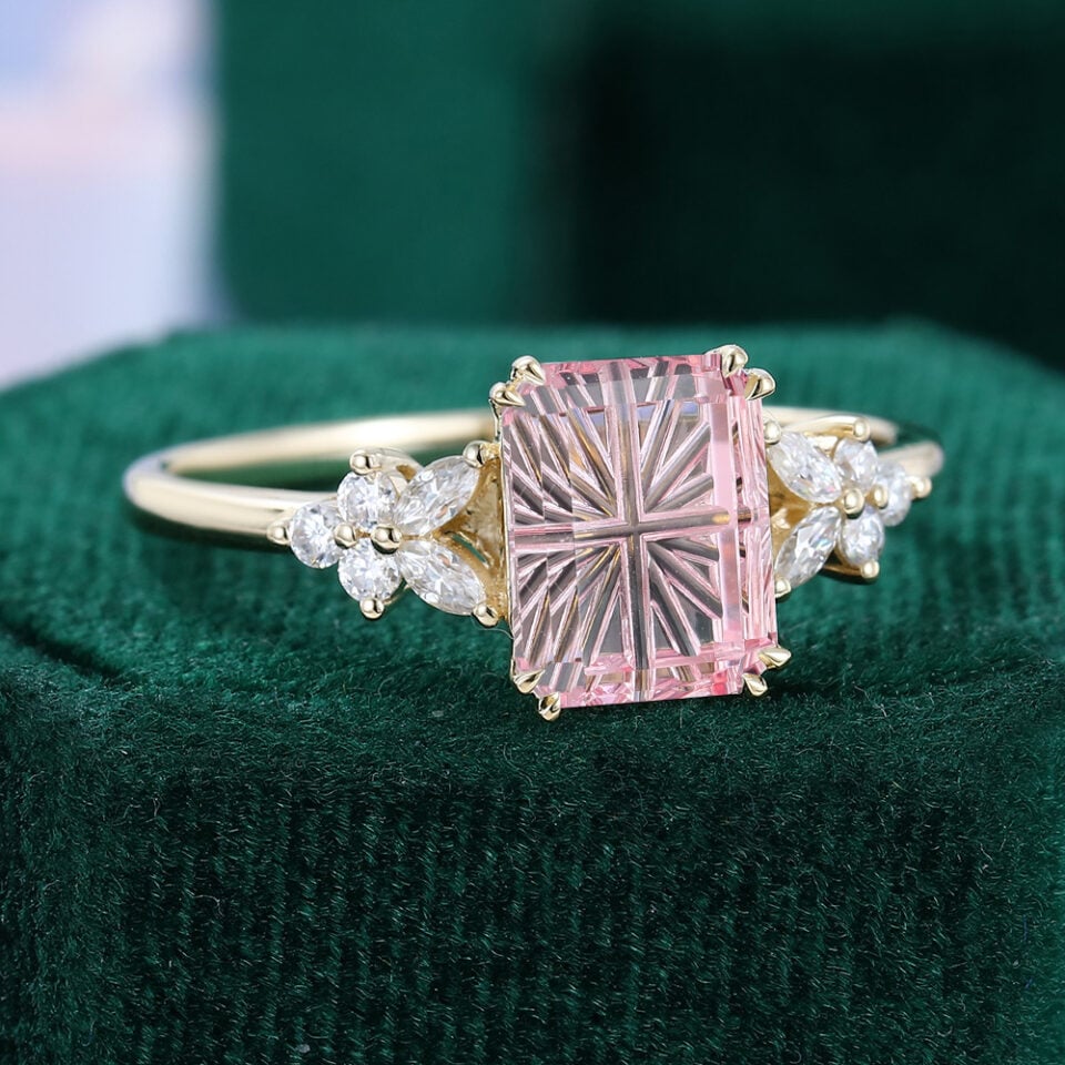 Emerald Fantasy Cut Lab Pink Sapphire Engagement Ring Floral Design (3)