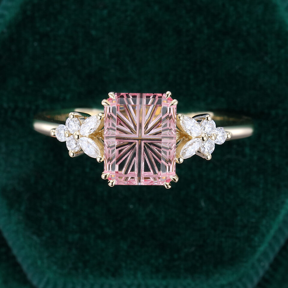 Emerald Fantasy Cut Lab Pink Sapphire Engagement Ring Floral Design (6)