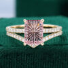 Emerald Fantasy Cut Lab Pink Sapphire Engagement Ring With Half Eternity Pavé Band Bridal Ring Set