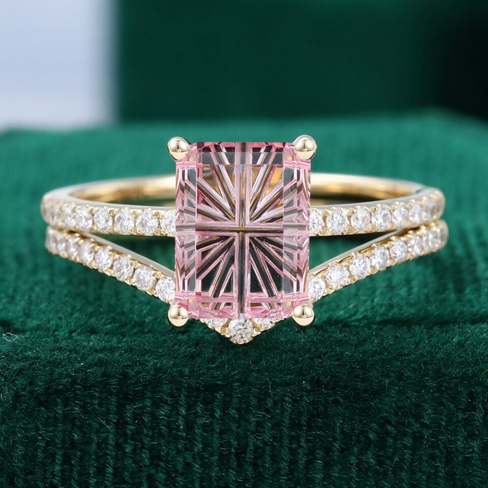 Fantasy Cut Emerald Shaped Lab Pink Sapphire Engagement Ring With Half Eternity Pavé Band Bridal Ring Set