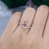 Emerald Fantasy Cut Lab Pink Sapphire Engagement Ring With Half Eternity Pavé Band Bridal Ring Set (2)