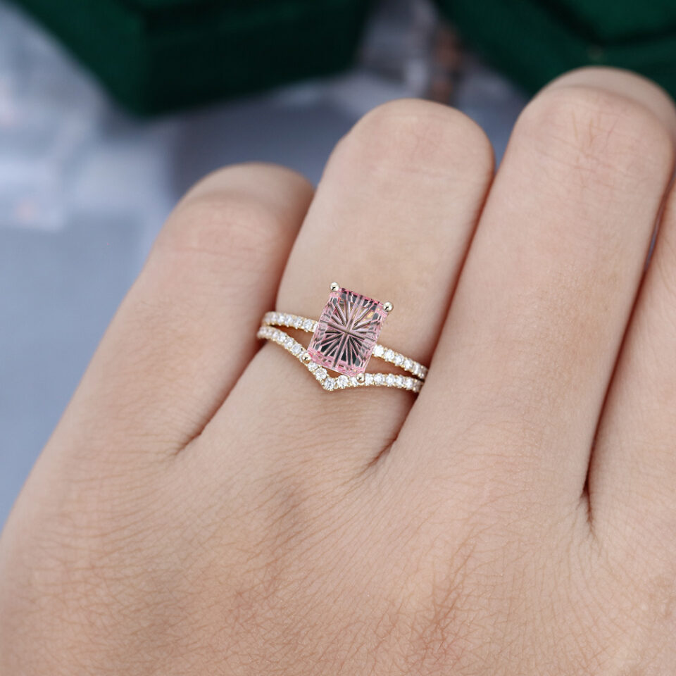 Emerald Fantasy Cut Lab Pink Sapphire Engagement Ring With Half Eternity Pavé Band Bridal Ring Set (2)