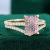 Emerald Fantasy Cut Lab Pink Sapphire Engagement Ring With Half Eternity Pavé Band Bridal Ring Set (3)