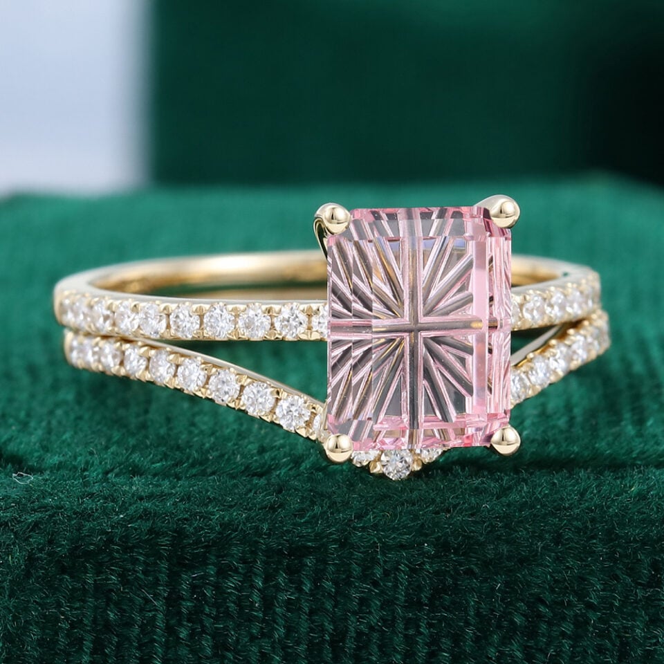 Emerald Fantasy Cut Lab Pink Sapphire Engagement Ring With Half Eternity Pavé Band Bridal Ring Set (3)
