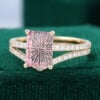 Emerald Fantasy Cut Lab Pink Sapphire Engagement Ring With Half Eternity Pavé Band Bridal Ring Set (4)