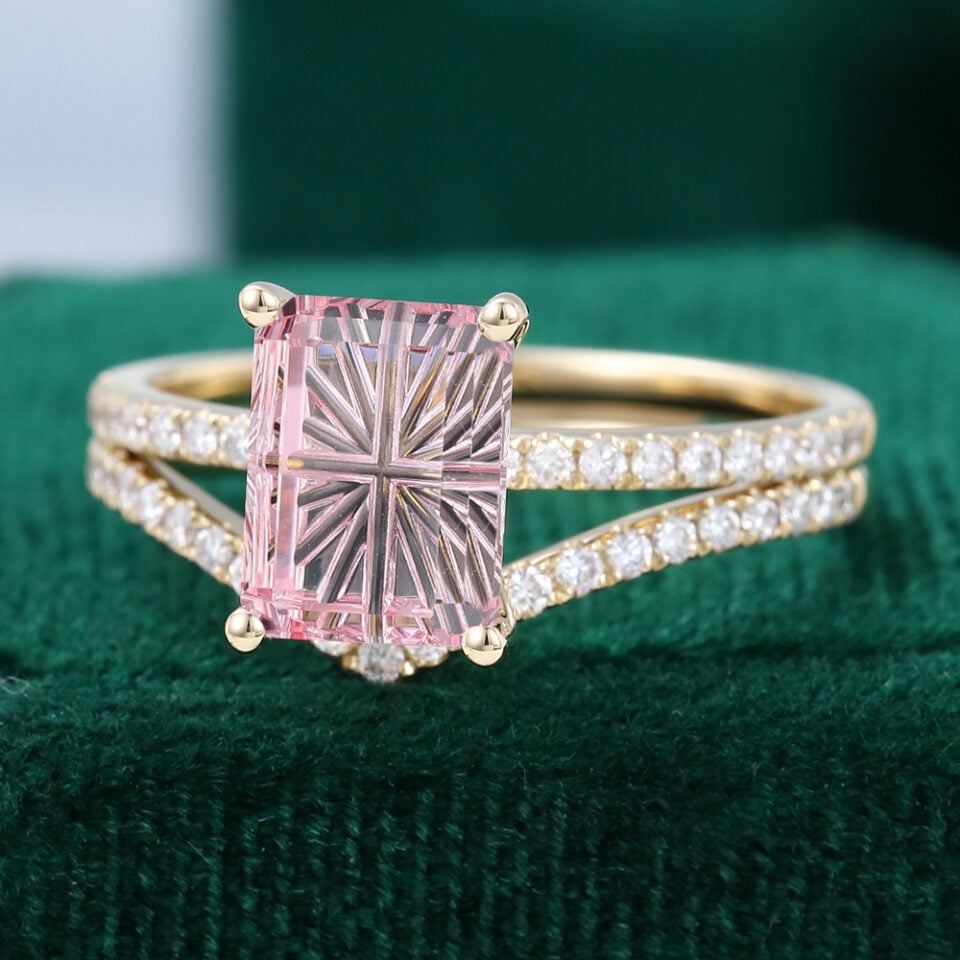 Emerald Fantasy Cut Lab Pink Sapphire Engagement Ring With Half Eternity Pavé Band Bridal Ring Set (4)