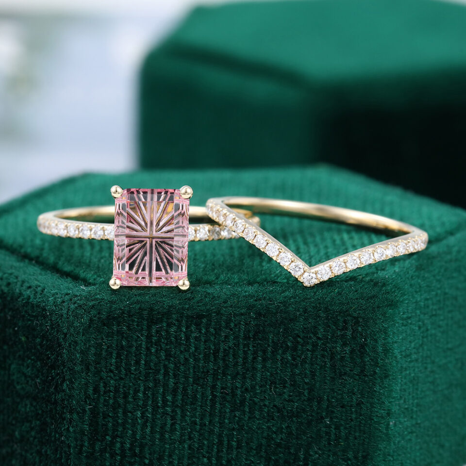 Emerald Fantasy Cut Lab Pink Sapphire Engagement Ring With Half Eternity Pavé Band Bridal Ring Set (5)