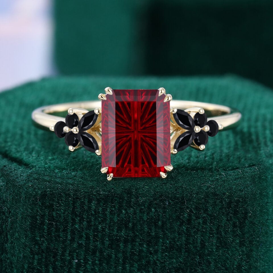 Fantasy Cut Emerald Shaped Lab Ruby Band With Black Onyx Cluster Accents Vampire Engagement Ring