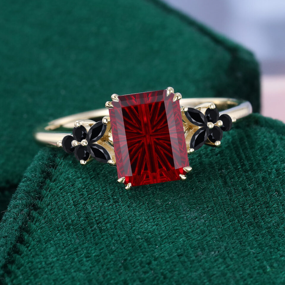 Emerald Fantasy Cut Lab Ruby Band With Black Onyx Cluster Accents Gothic Vampire Engagement Ring (2)