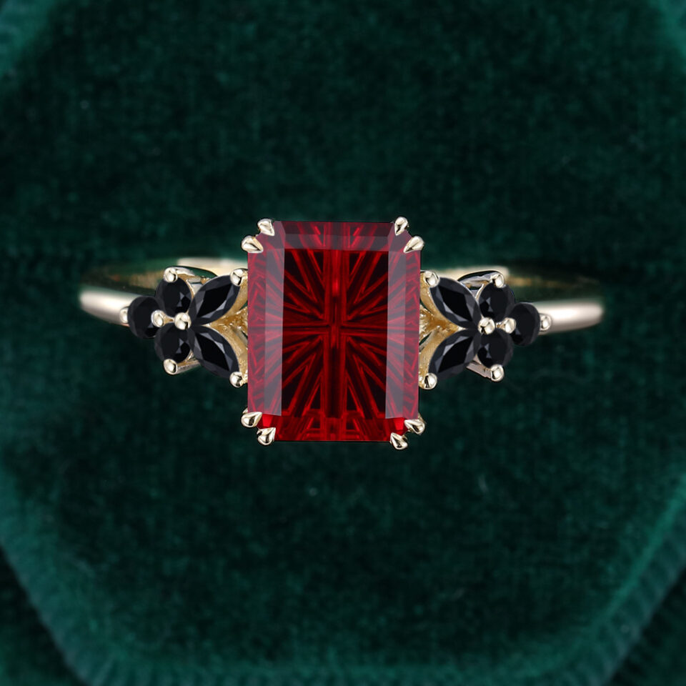 Emerald Fantasy Cut Lab Ruby Band With Black Onyx Cluster Accents Gothic Vampire Engagement Ring (6)