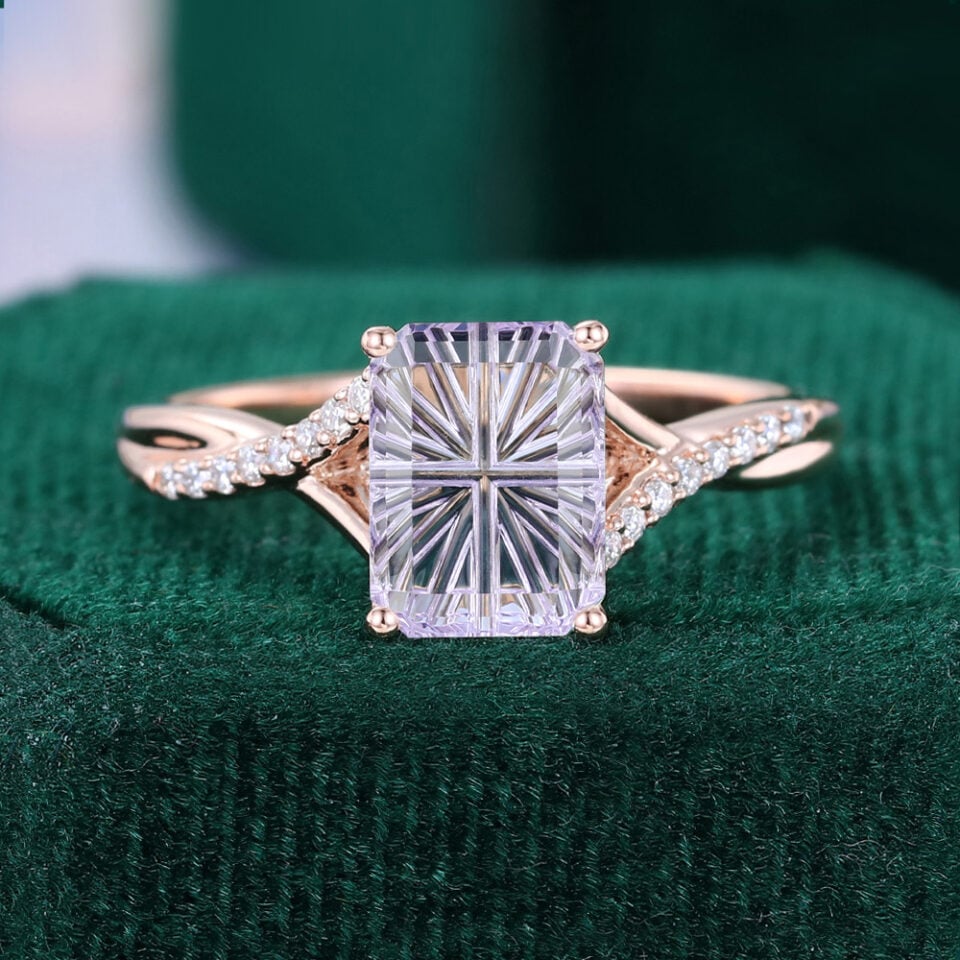 Fantasy Cut Emerald Shaped Lavender Haze YAG  Engagement Ring with Asymmetrical Pavé Braid Band
