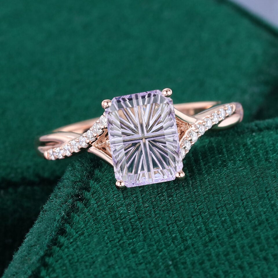 Emerald Fantasy Cut Lavender Haze YAG Engagement Ring with Asymmetrical Pavé Braid Band (4)